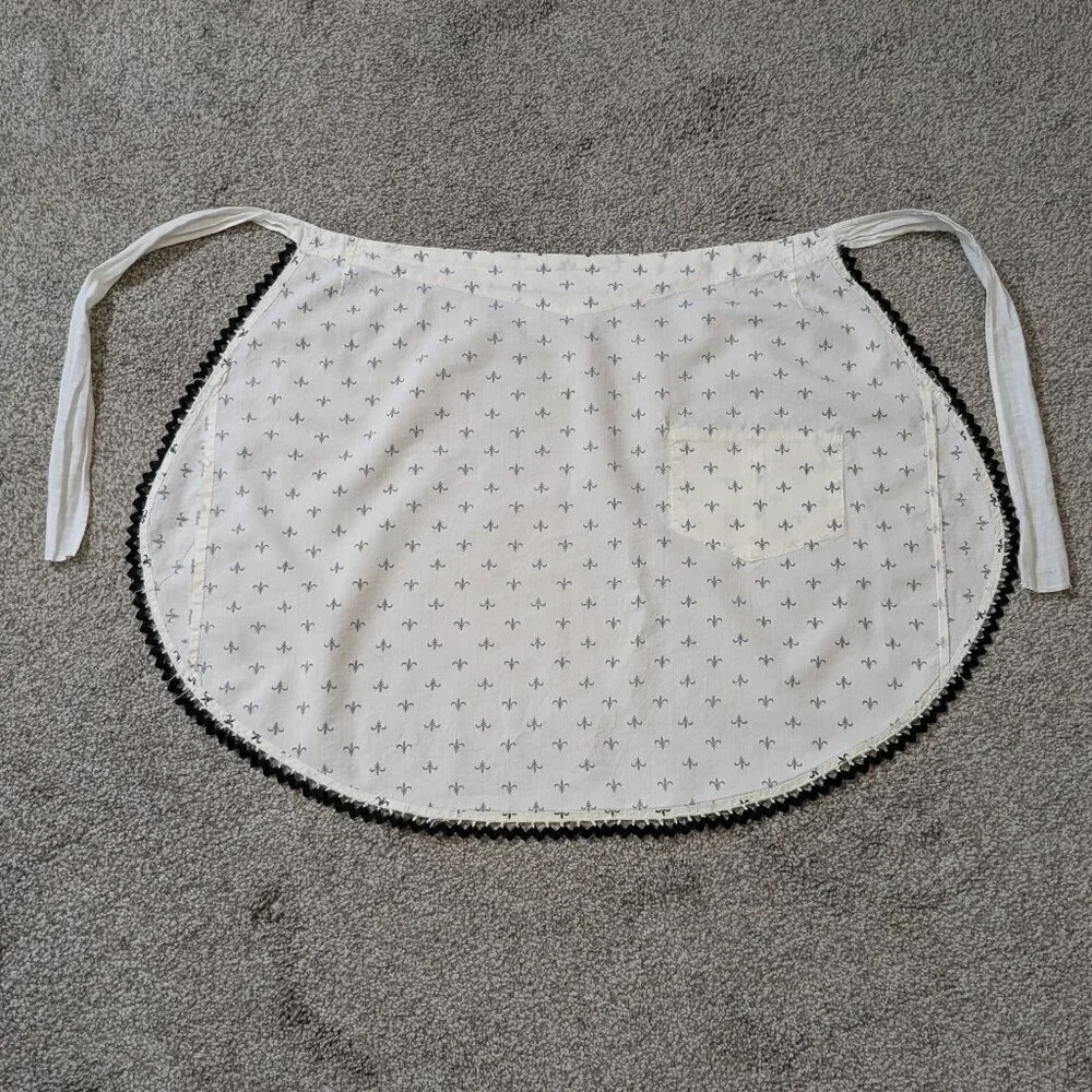 Handmade White/Black Kitchen Half Apron w Rick Rack Trim; Size XS - Small